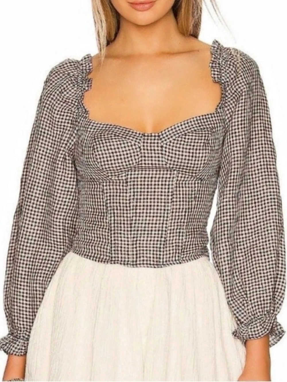 ASTR the Label Gingham Bustier Long Sleeve Top Navy & White